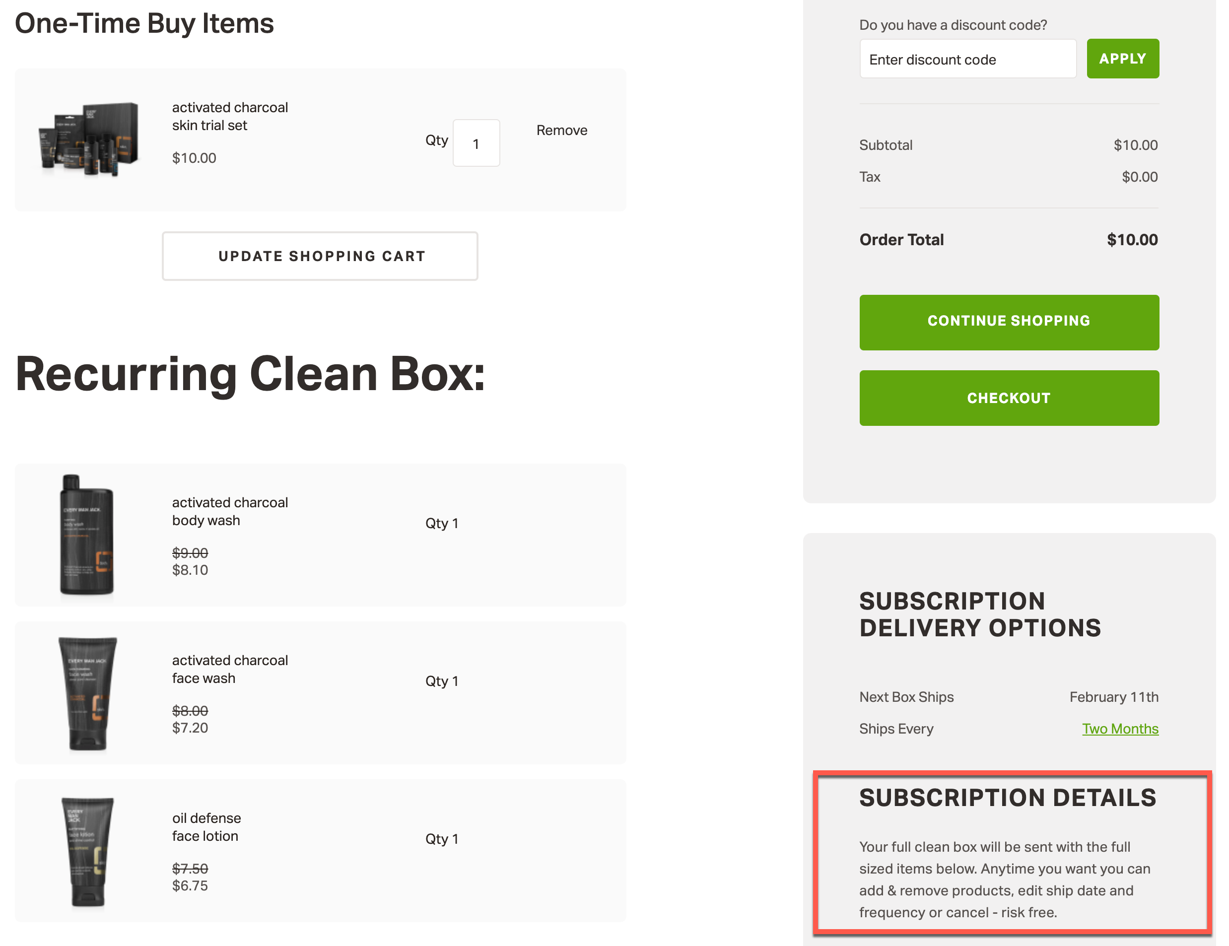Subscription Tips: Screenshot of Every Man Jack's checkout page with Subscription details highlighted in a red box. Subscription details talk about how a full size box will be sent after the trial set.
