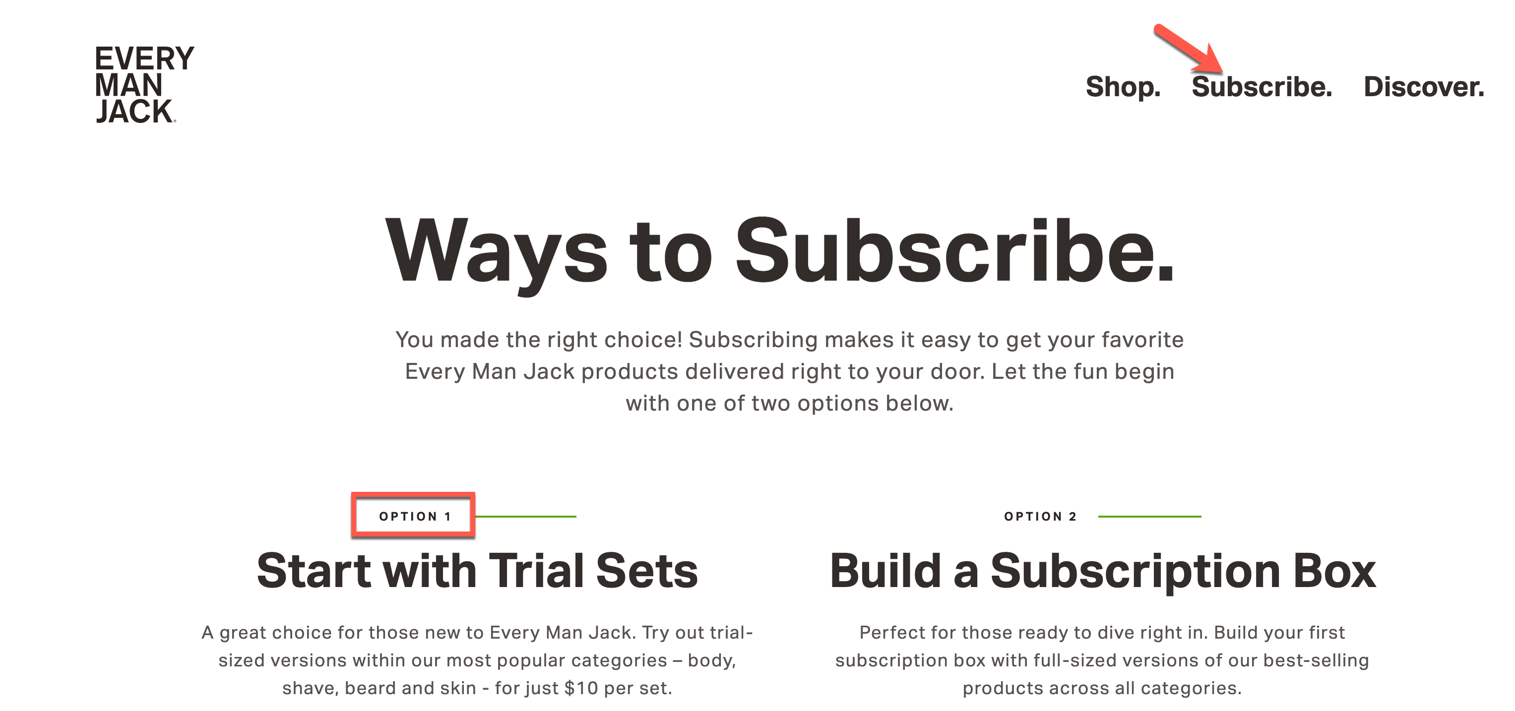 Subscription Tips: Every Man Jack "Subscribe" webpage with arrow pointing to Subscribe navigation link and a option 1 "Start with Trial Sets" highlights in a red square.