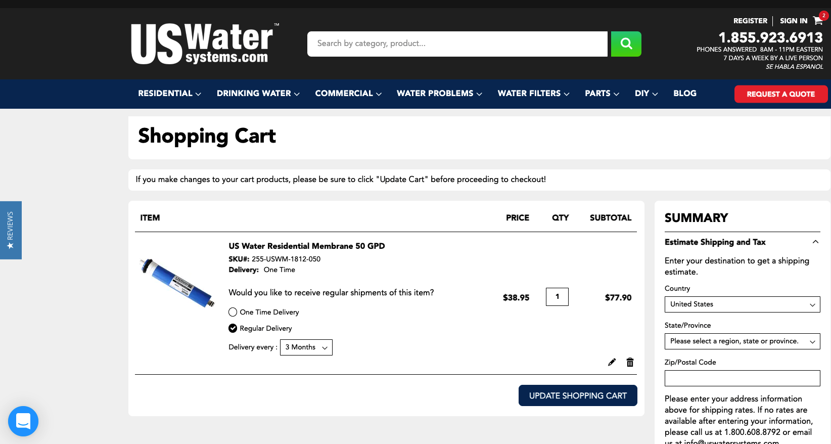 Screenshot of US Water Systems shopping cart with subscription option shown