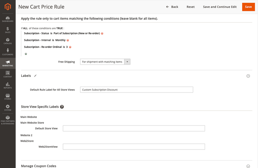 Magento 2 Admin Panel Cart Discount Rules With Subscribe Pro