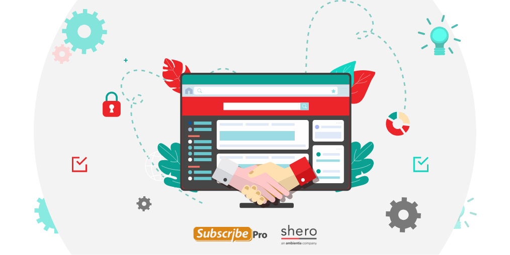 Subscribe Pro and Shero logos under an image of a handshake over a computer screen