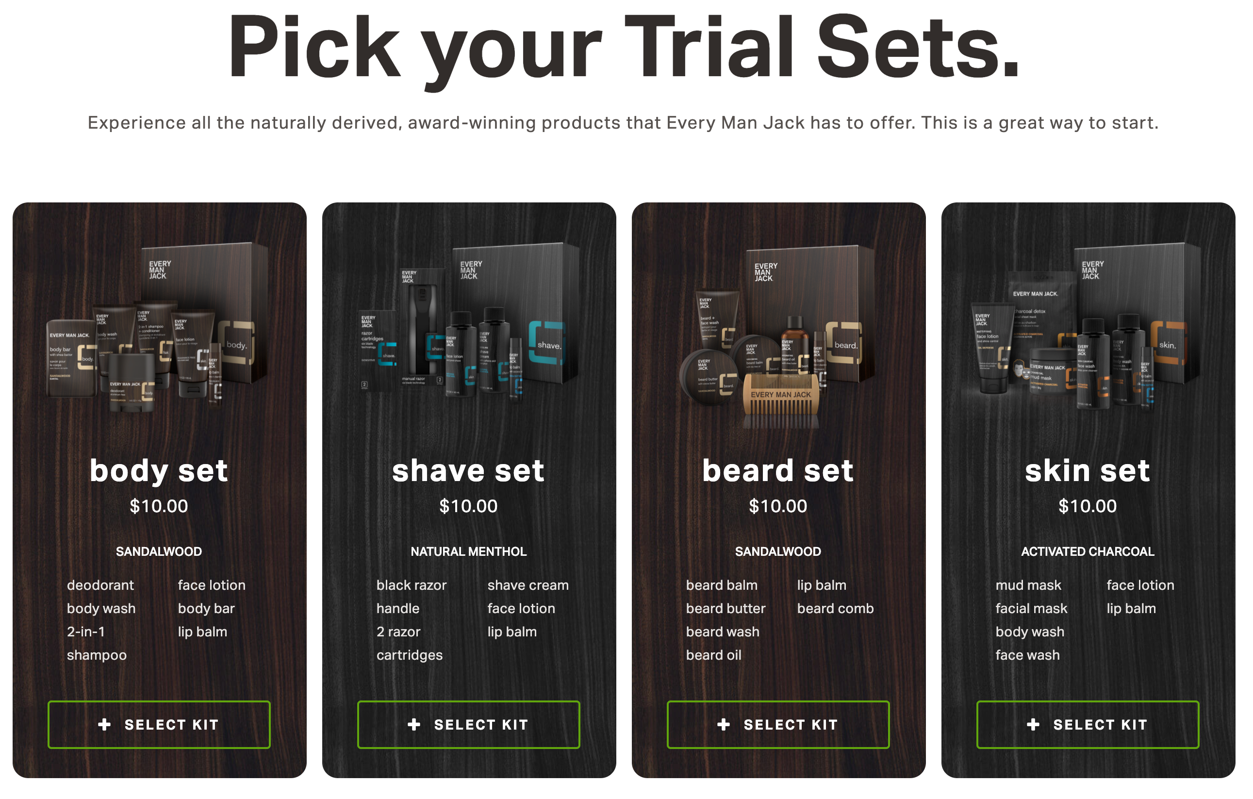 Subscription Tips: Every Man Jack's "Trial Sets" page showing four different options